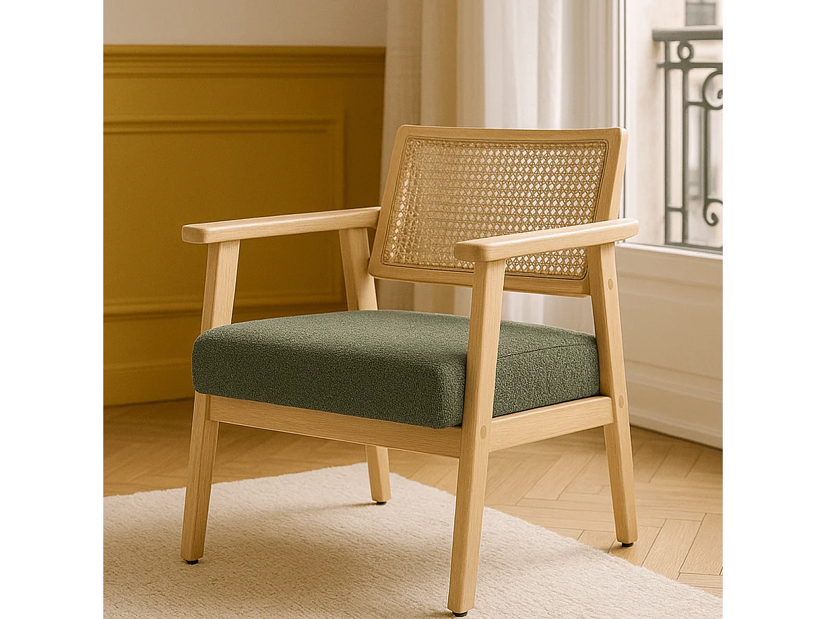 Fauteuil en tissu bouclé vert et cannage naturel - Tim