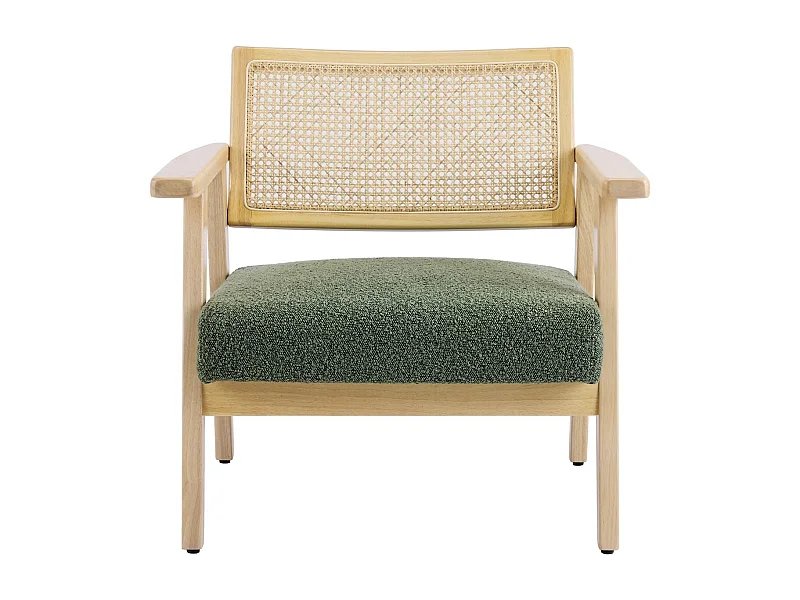 Fauteuil en tissu bouclé vert et cannage naturel - Tim