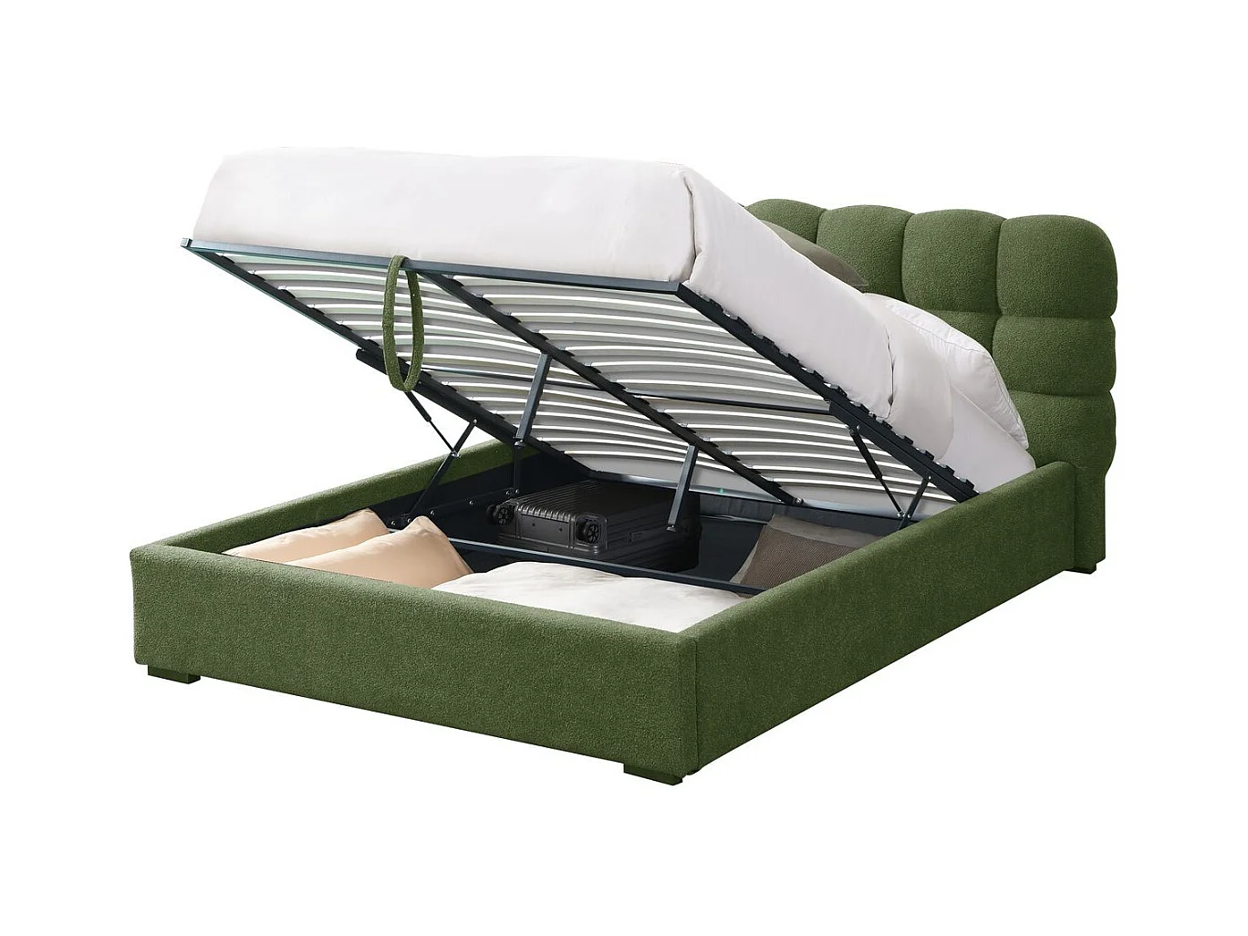 Lit coffre adulte 160x200 cm avec sommier et tête de lit capitonnée en tissu bouclé vert - Lola