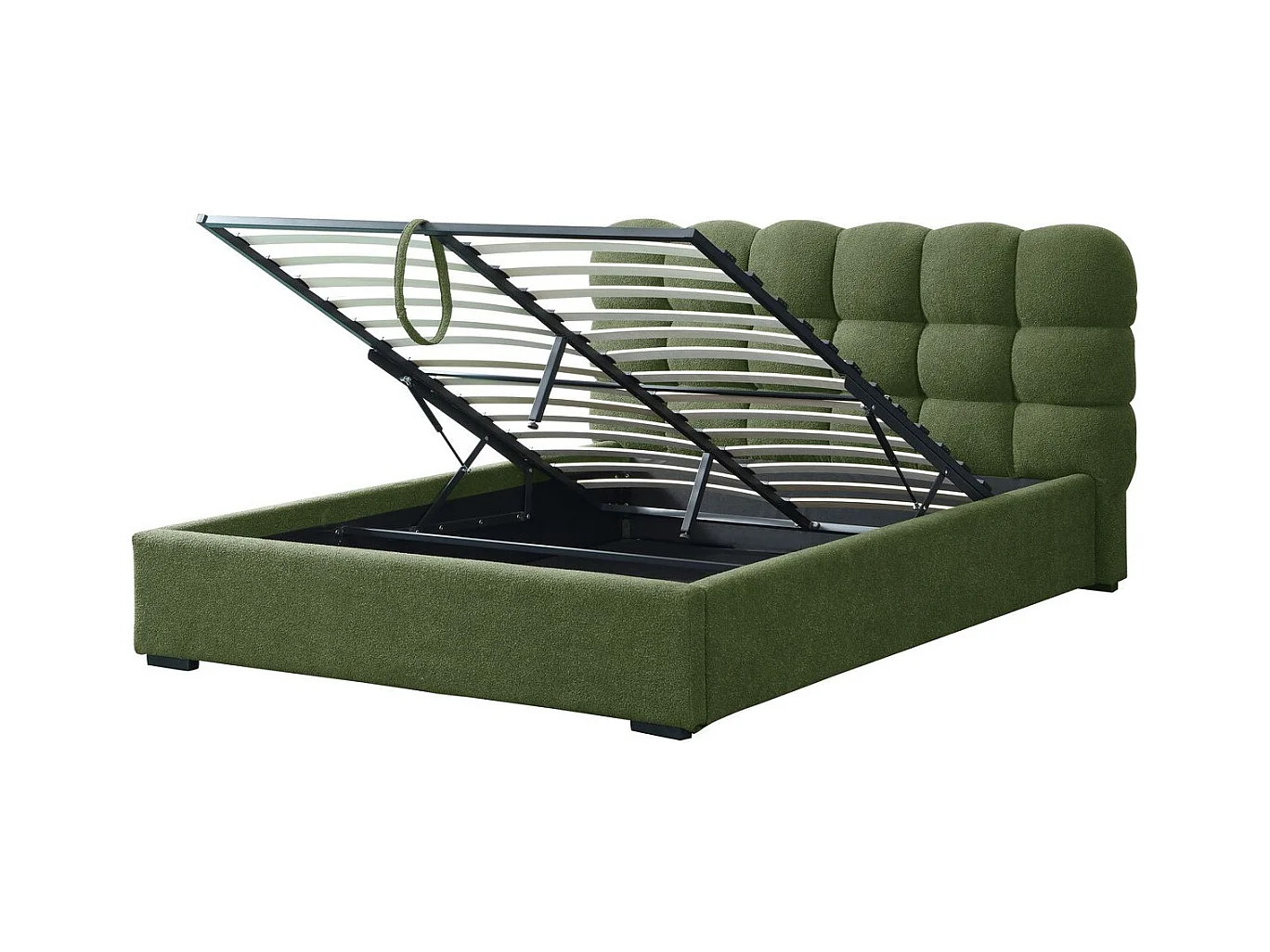 Lit coffre adulte 160x200 cm avec sommier et tête de lit capitonnée en tissu bouclé vert - Lola
