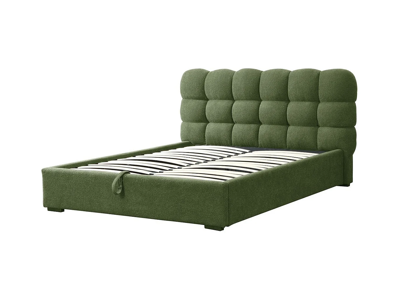 Lit coffre adulte 160x200 cm avec sommier et tête de lit capitonnée en tissu bouclé vert - Lola