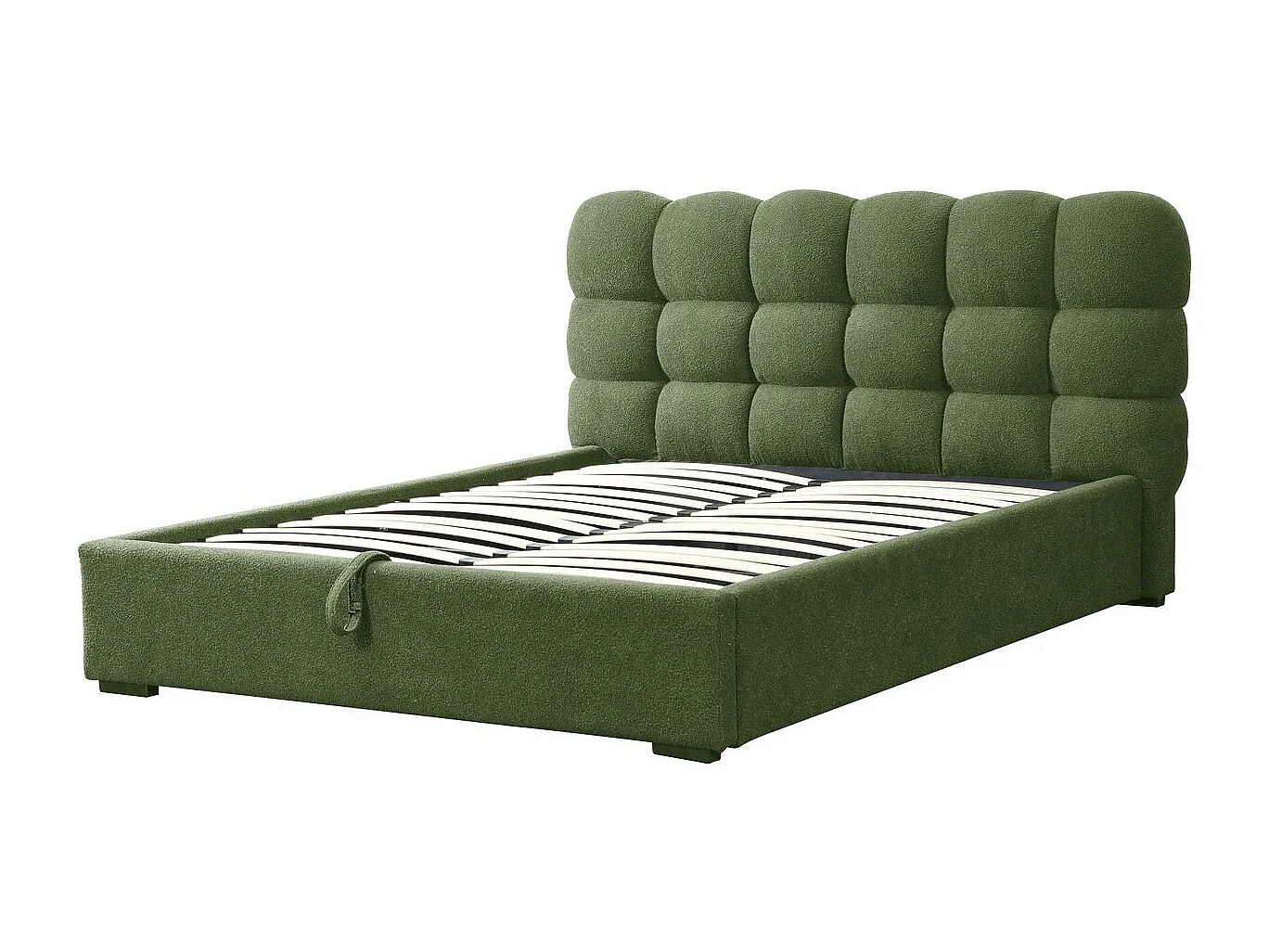 Lit coffre adulte 160x200 cm avec sommier et tête de lit capitonnée en tissu bouclé vert - Lola