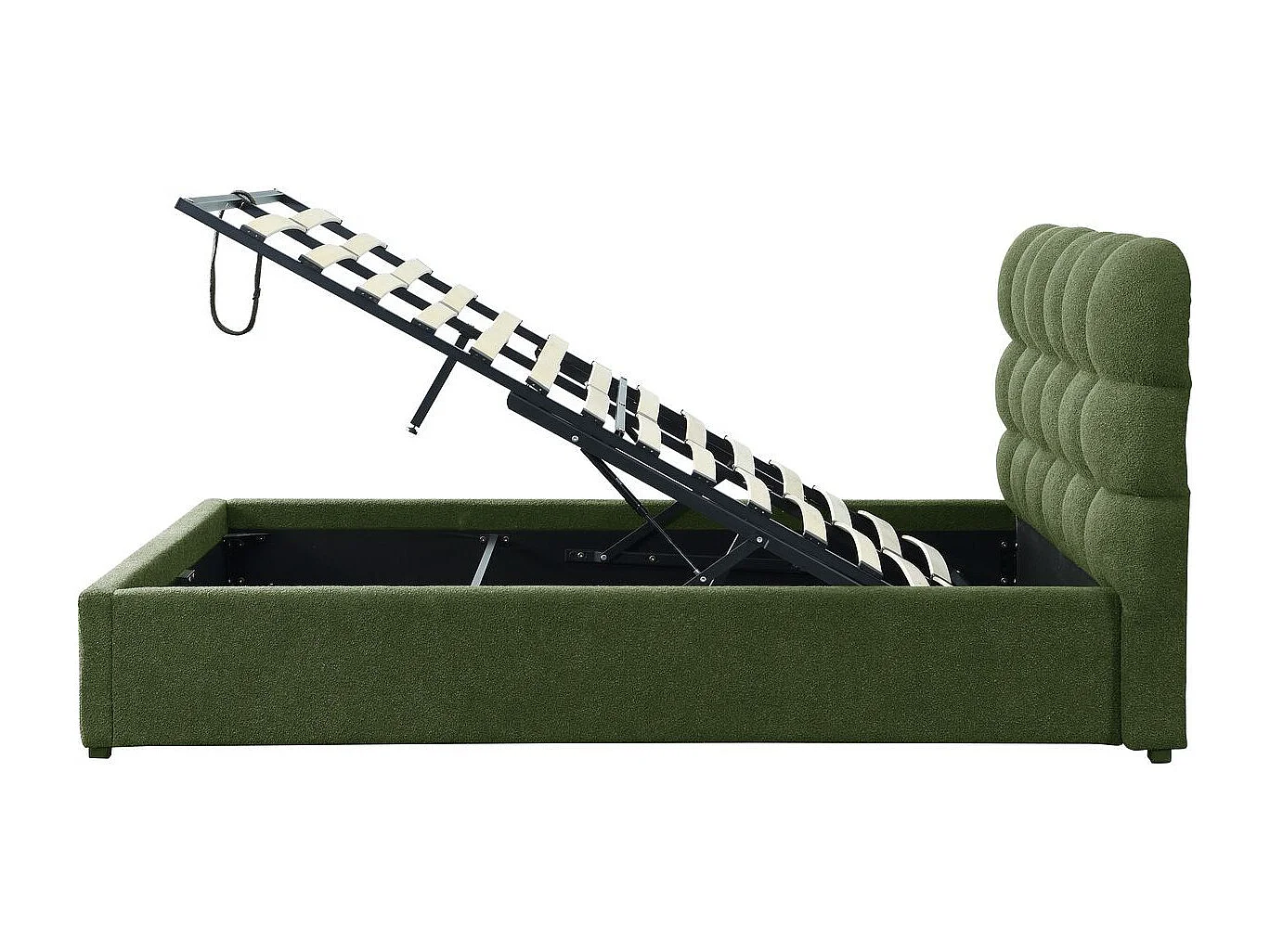 Lit coffre adulte 160x200 cm avec sommier et tête de lit capitonnée en tissu bouclé vert - Lola