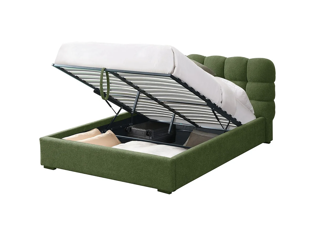 Lit coffre adulte 160x200 cm avec sommier et tête de lit capitonnée en tissu bouclé vert - Lola