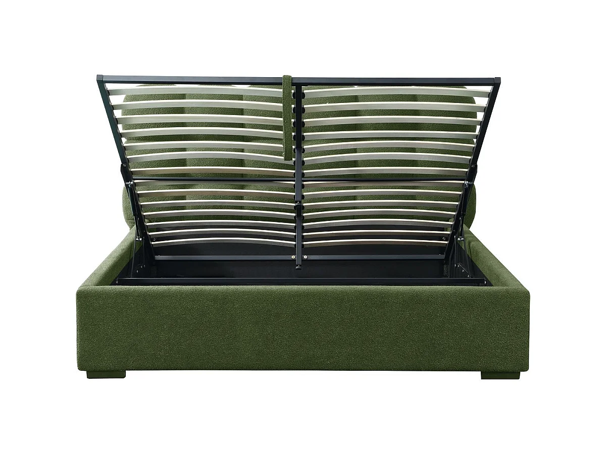 Lit coffre adulte 160x200 cm avec sommier et tête de lit capitonnée en tissu bouclé vert - Lola