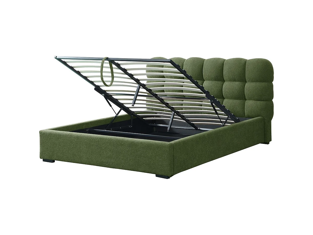 Lit coffre adulte 160x200 cm avec sommier et tête de lit capitonnée en tissu bouclé vert - Lola