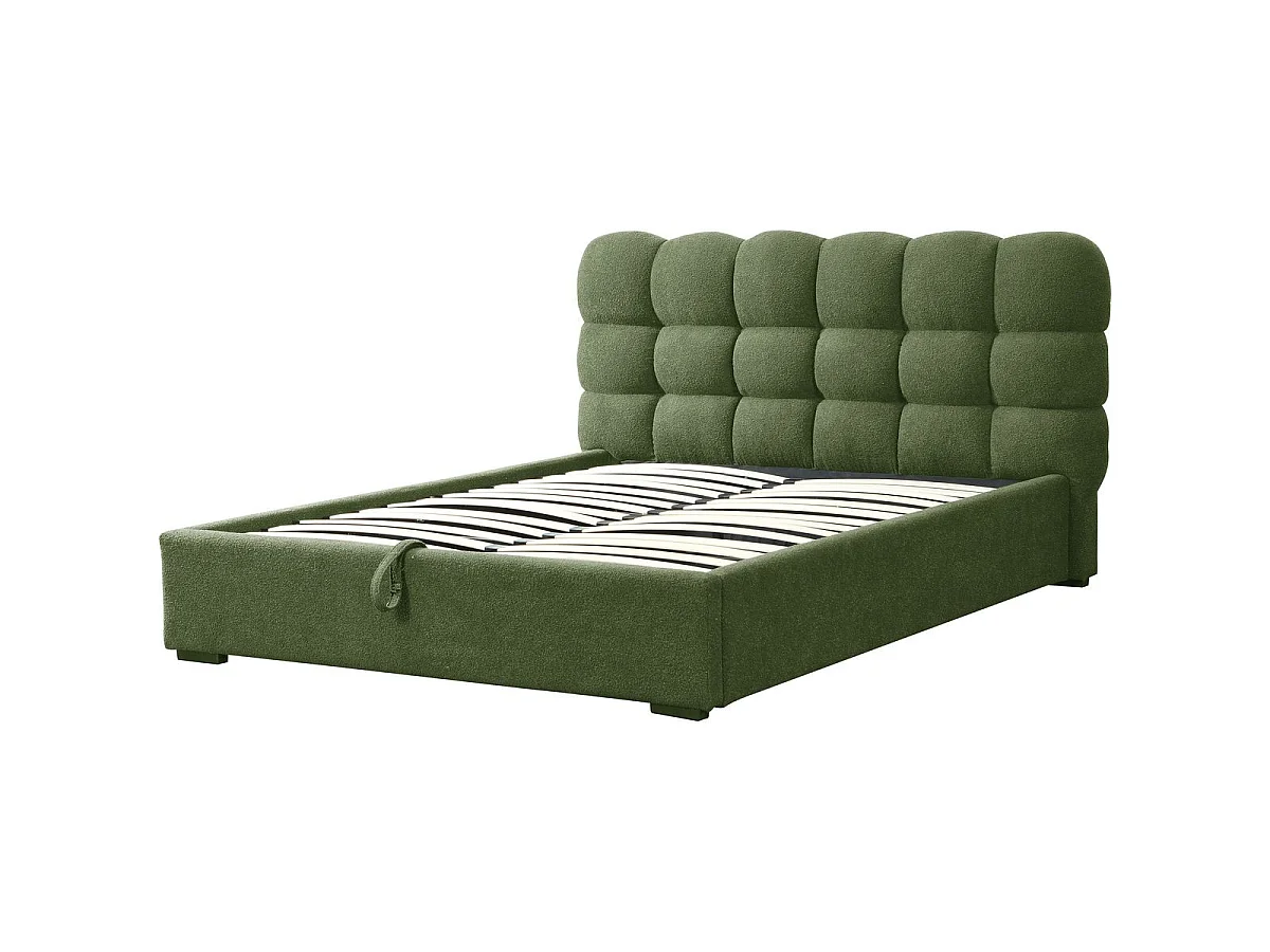 Lit coffre adulte 160x200 cm avec sommier et tête de lit capitonnée en tissu bouclé vert - Lola
