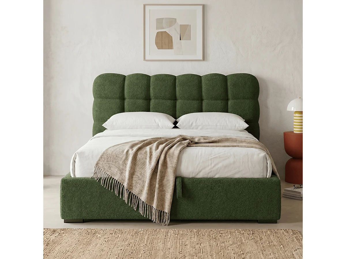 Lit coffre adulte 160x200 cm avec sommier et tête de lit capitonnée en tissu bouclé vert - Lola