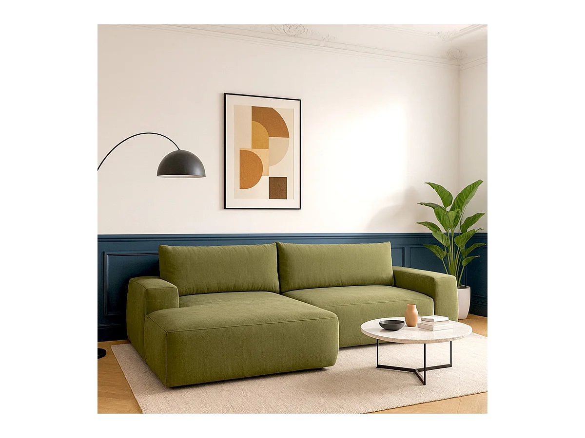 Canapé d'angle gauche convertible 3 places en tissu chenille vert olive - Sonny