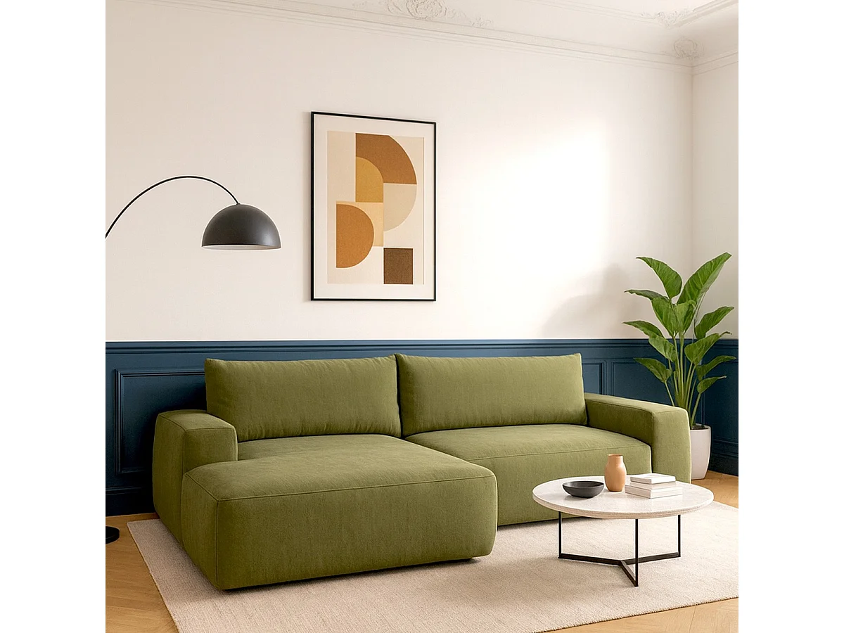 Canapé d'angle gauche convertible 3 places en tissu chenille vert olive - Sonny