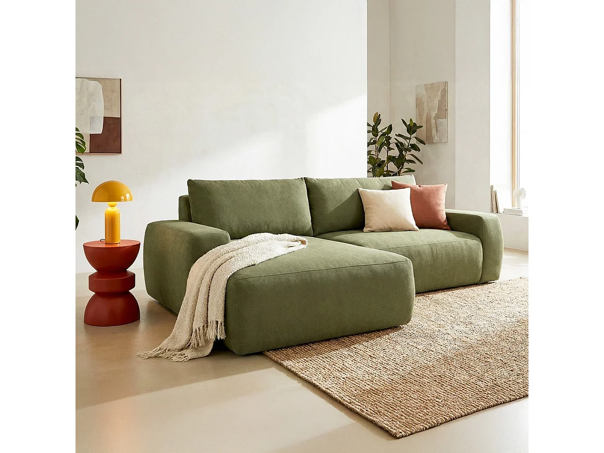 Canapé d'angle gauche convertible 3 places en tissu chenille vert olive - Sonny