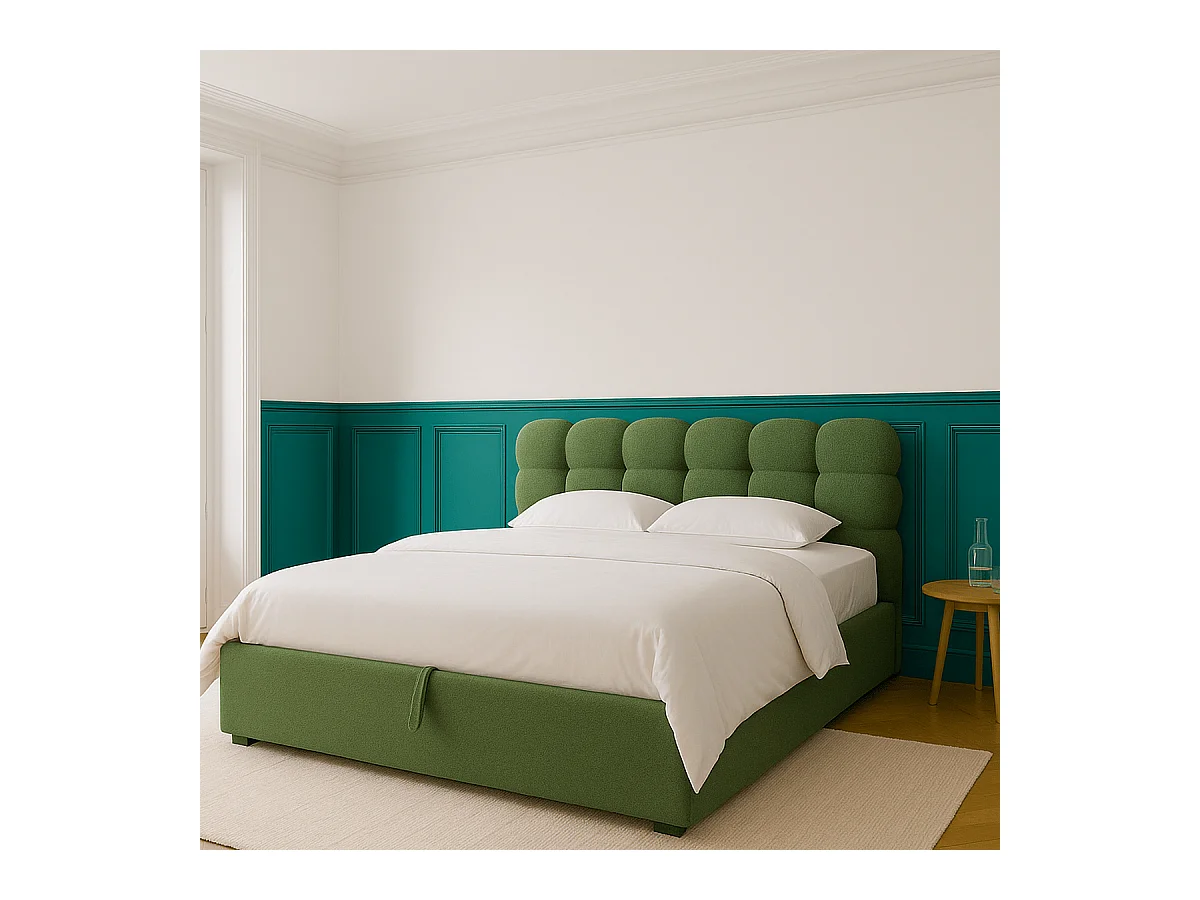 Lit coffre adulte 140x190 cm avec sommier et tête de lit capitonnée en tissu bouclé vert - Lola
