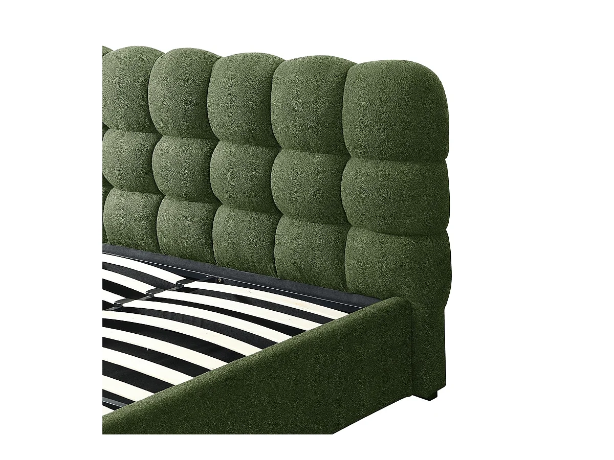 Lit coffre adulte 140x190 cm avec sommier et tête de lit capitonnée en tissu bouclé vert - Lola