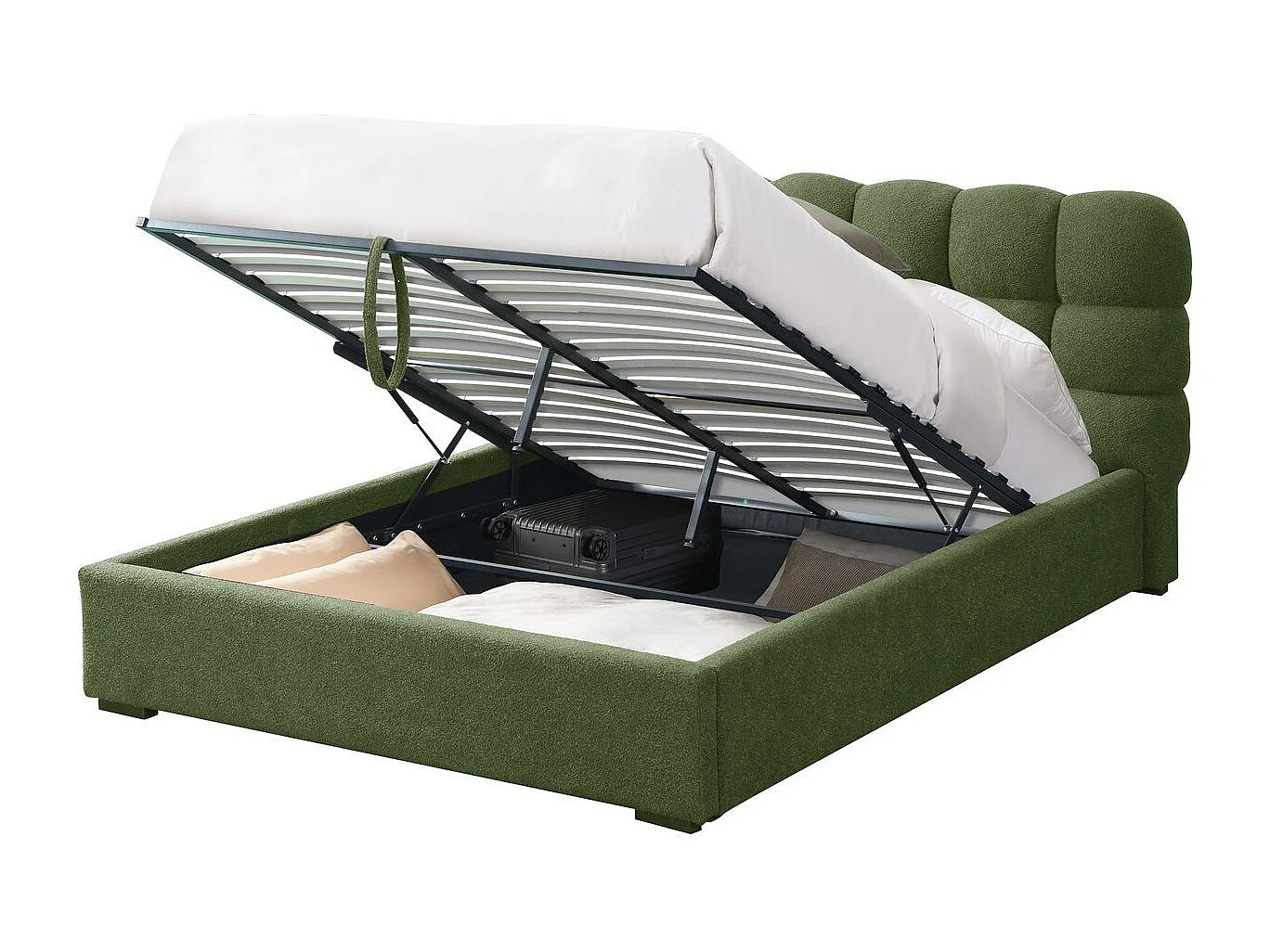 Lit coffre adulte 140x190 cm avec sommier et tête de lit capitonnée en tissu bouclé vert - Lola