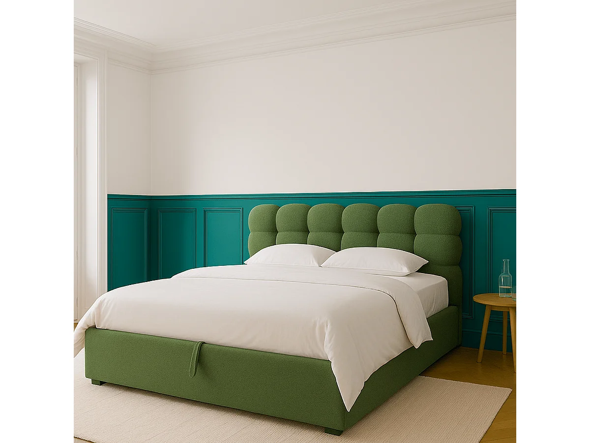 Lit coffre adulte 140x190 cm avec sommier et tête de lit capitonnée en tissu bouclé vert - Lola
