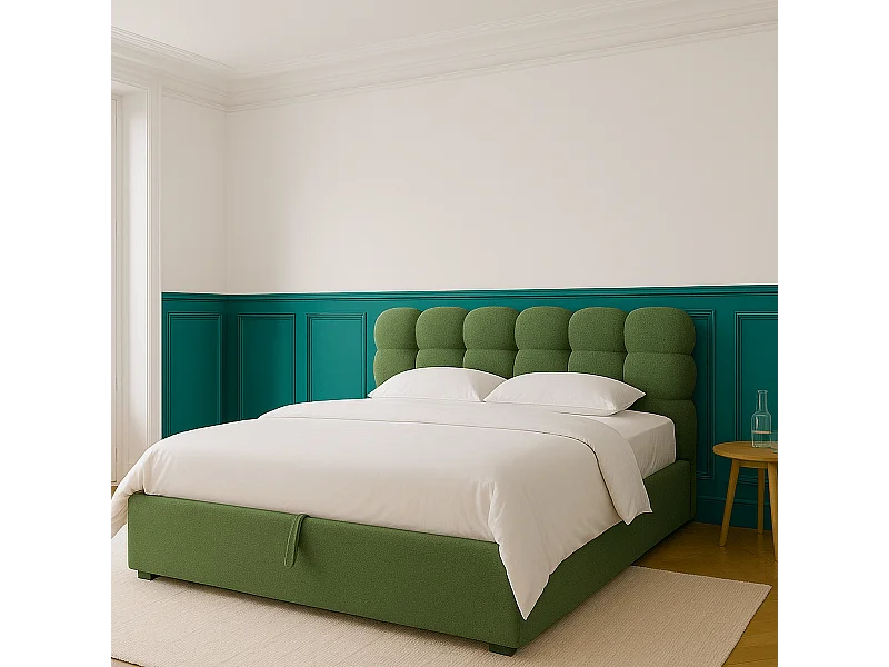 Lit coffre adulte 140x190 cm avec sommier et tête de lit capitonnée en tissu bouclé vert - Lola
