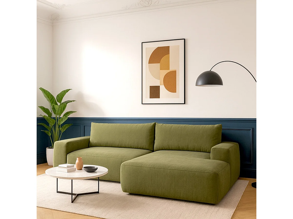 Canapé d'angle droit convertible 3 places en tissu chenille vert olive - Sonny