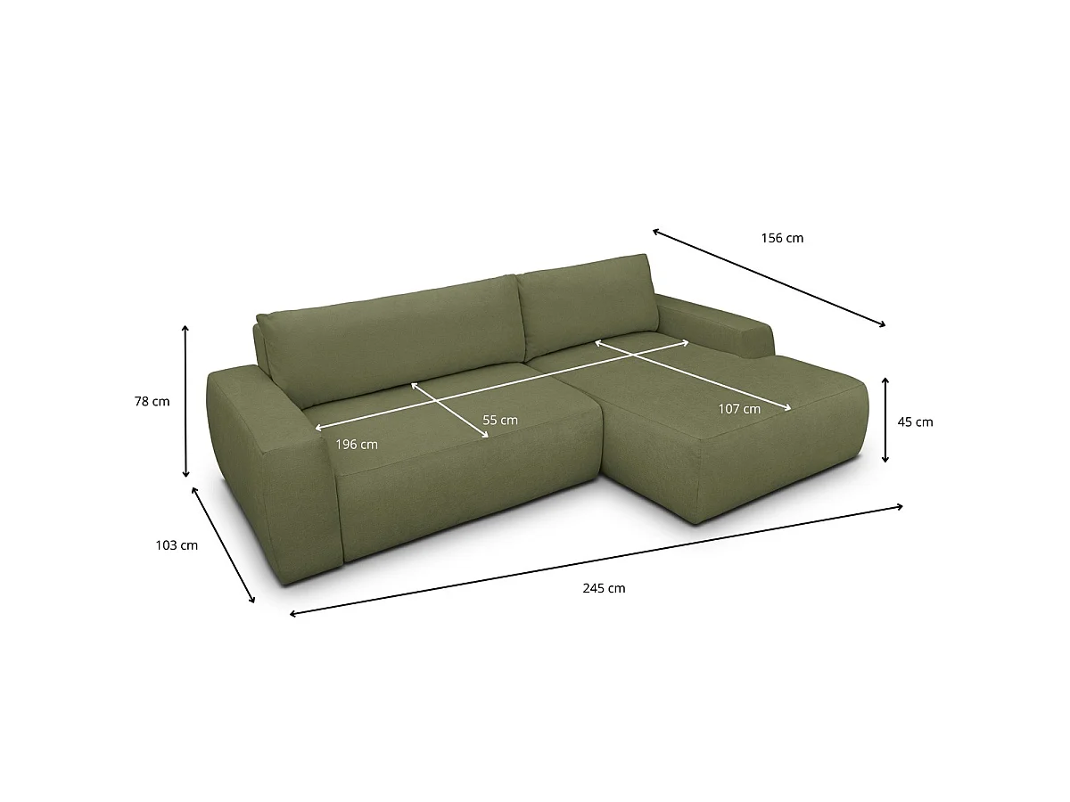 Canapé d'angle droit convertible 3 places en tissu chenille olive SONNY