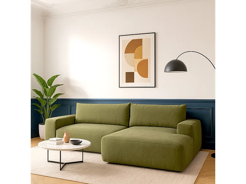 Canapé d'angle droit convertible 3 places en tissu chenille vert olive - Sonny