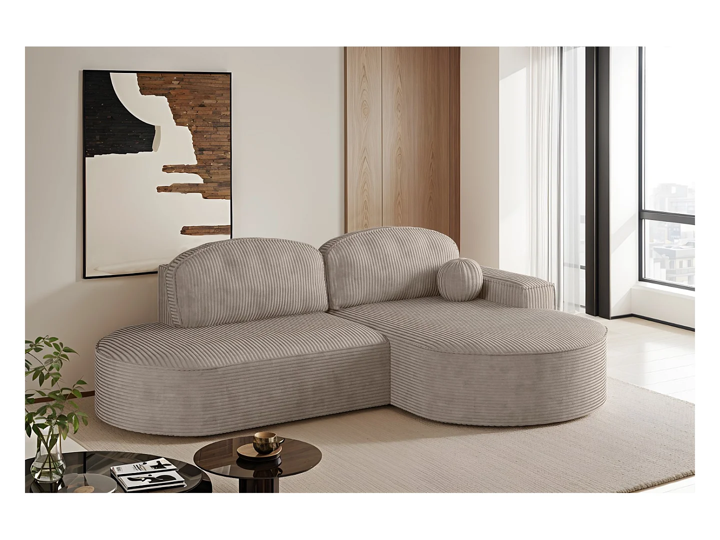 Canapé d'angle avec fonction couchage et coffre de lit Modena Round tissu Poso Beige Foncé Droite