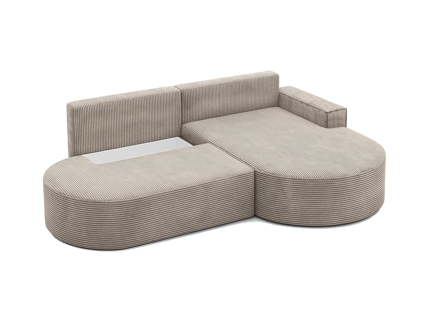 Canapé d'angle avec fonction couchage et coffre de lit Modena Round tissu Poso Beige Foncé Droite