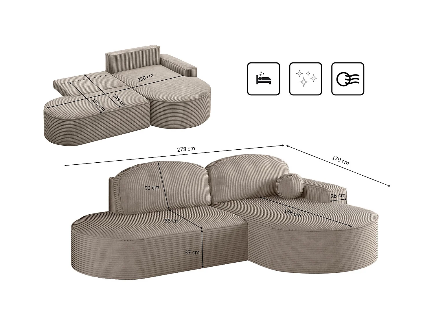 Canapé d'angle avec fonction couchage et coffre de lit Modena Round tissu Poso Beige Foncé Droite