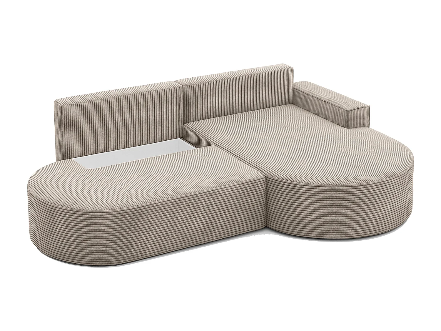 Canapé d'angle avec fonction couchage et coffre de lit Modena Round tissu Poso Beige Foncé Droite