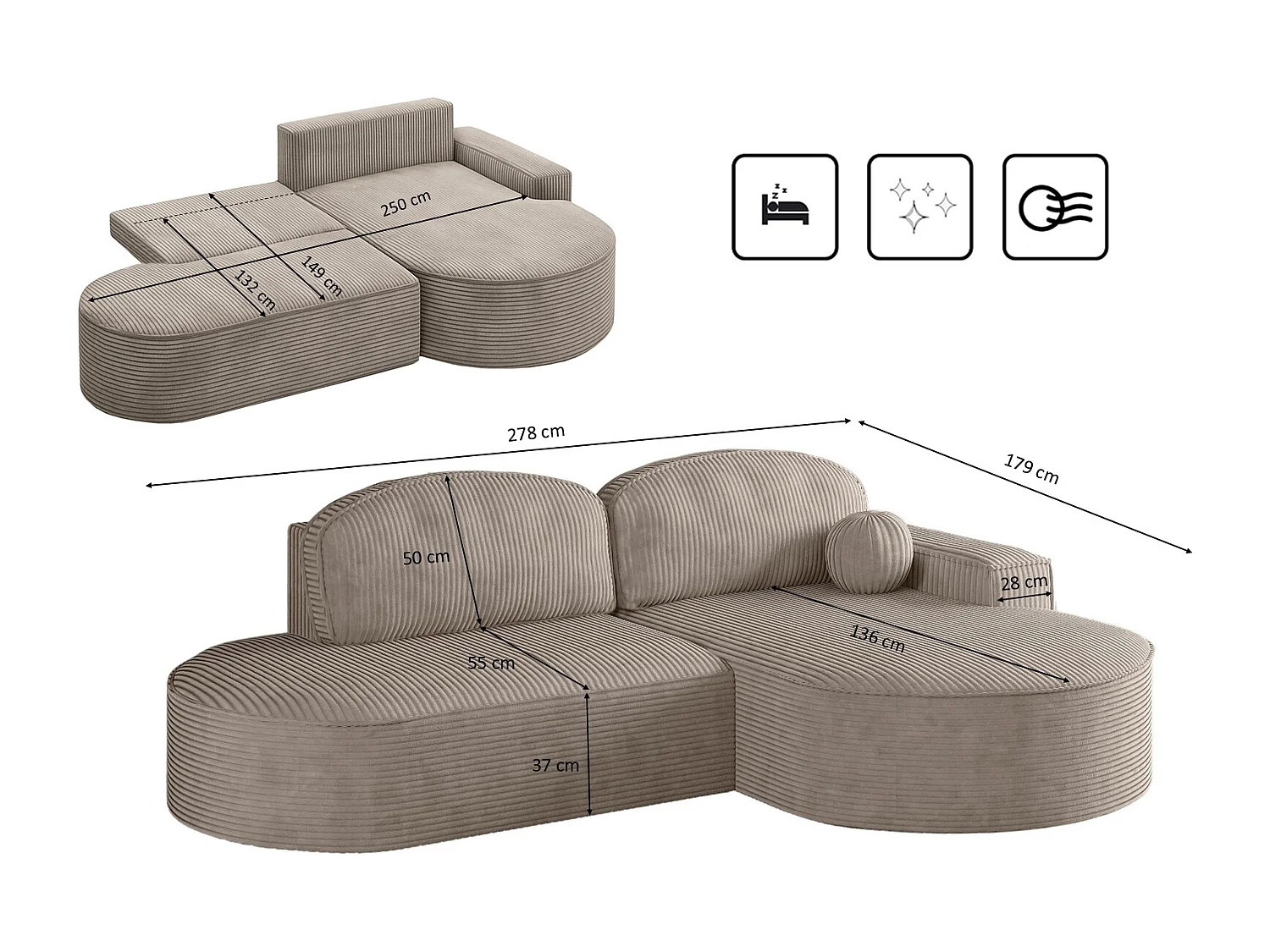 Canapé d'angle avec fonction couchage et coffre de lit Modena Round tissu Poso Beige Foncé Droite