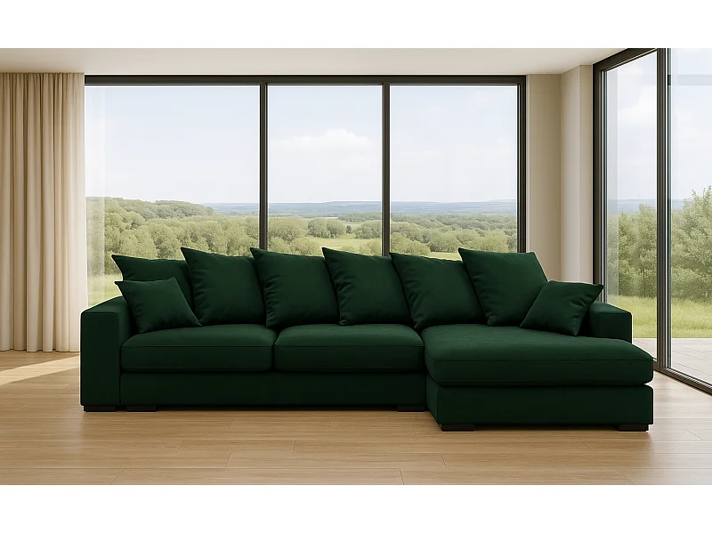 Canapé d'angle avec fonction couchage et coffre de lit, Canapé en L, Canapé en L tissu Gabon Riviera Droite Vert