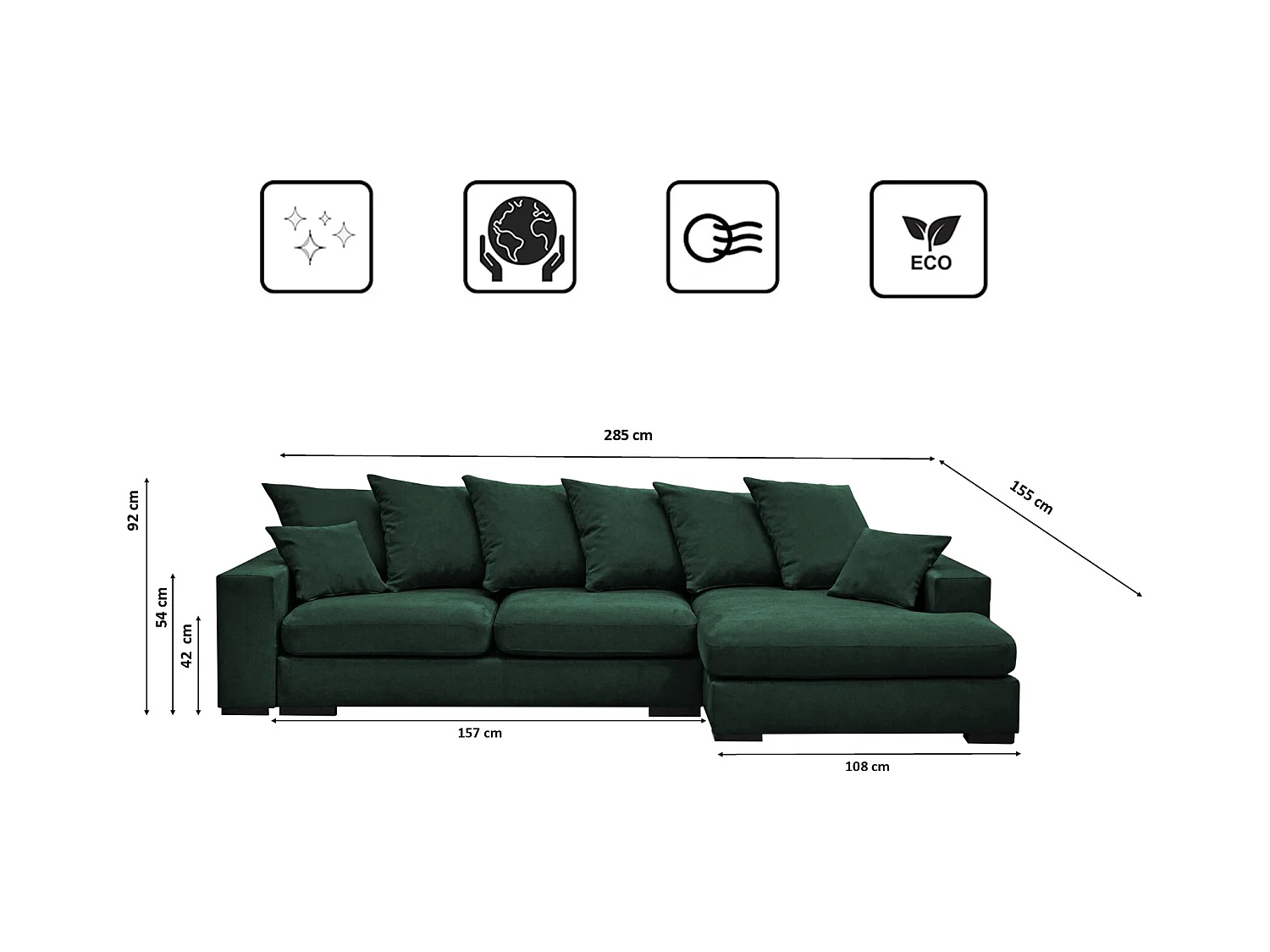 Canapé d'angle avec fonction couchage et coffre de lit, Canapé en L, Canapé en L tissu Gabon Riviera Droite Vert