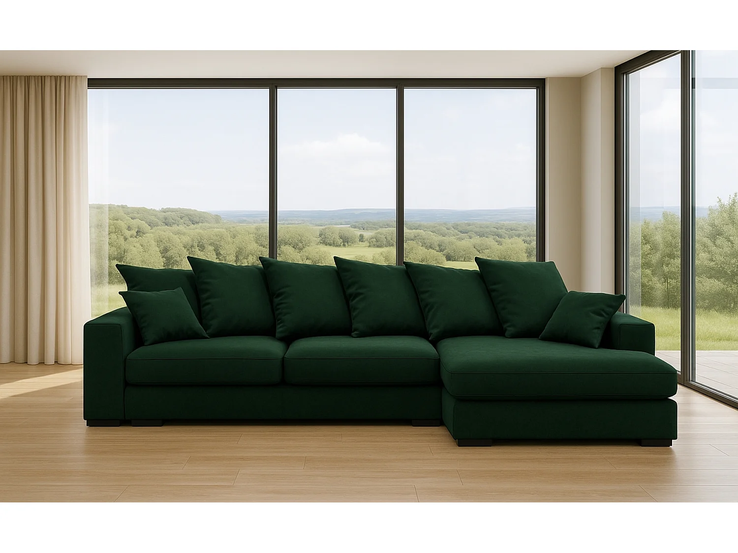 Canapé d'angle avec fonction couchage et coffre de lit, Canapé en L, Canapé en L tissu Gabon Riviera Droite Vert