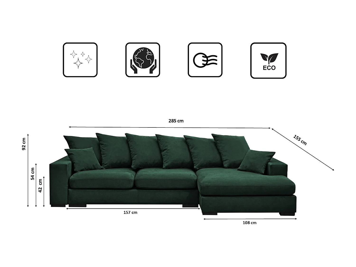 Canapé d'angle avec fonction couchage et coffre de lit, Canapé en L, Canapé en L tissu Gabon Riviera Droite Vert