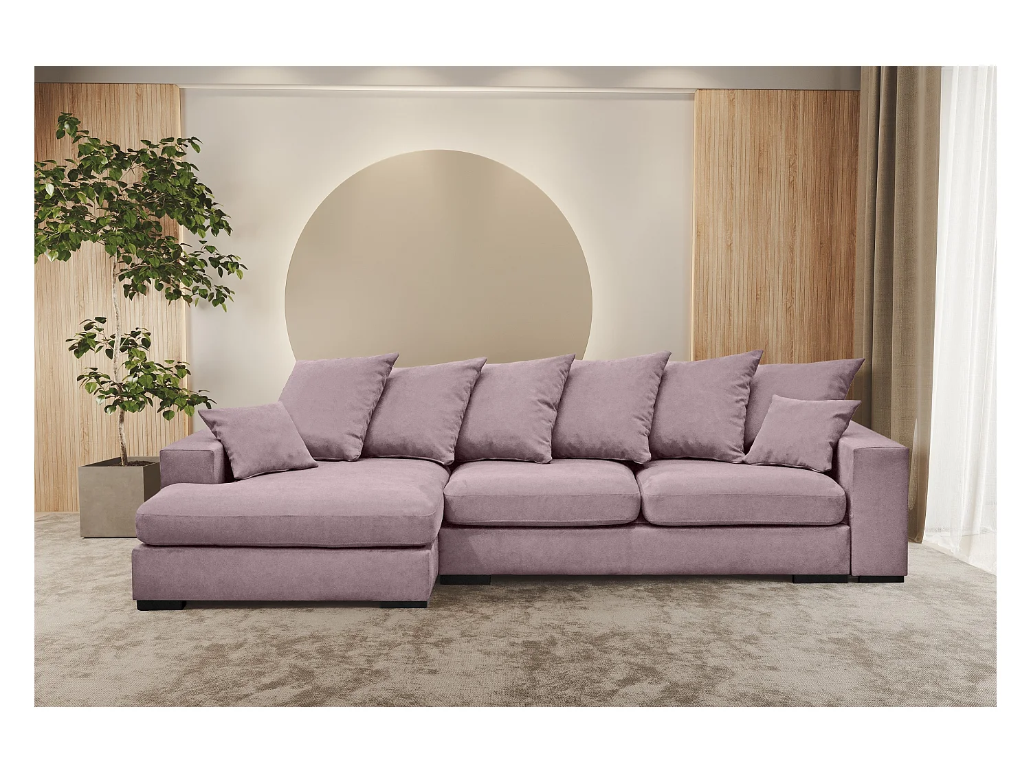 Canapé d'angle avec fonction couchage et coffre de lit, canapé en L, canapé en L tissu Gabon Riviera Gauche Violet