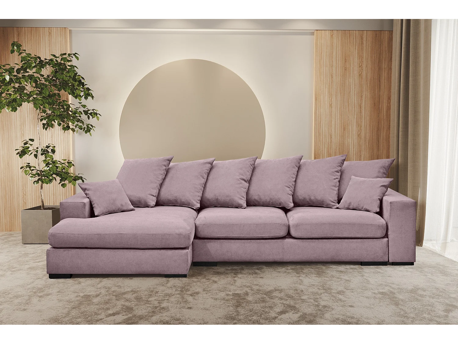 Canapé d'angle avec fonction couchage et coffre de lit, canapé en L, canapé en L tissu Gabon Riviera Gauche Violet