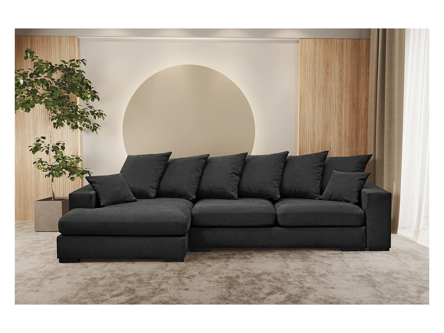 Canapé d'angle avec fonction couchage et coffre de lit, Canapé forme L, Canapé forme L tissu Gabon Riviera Gauche Graphite