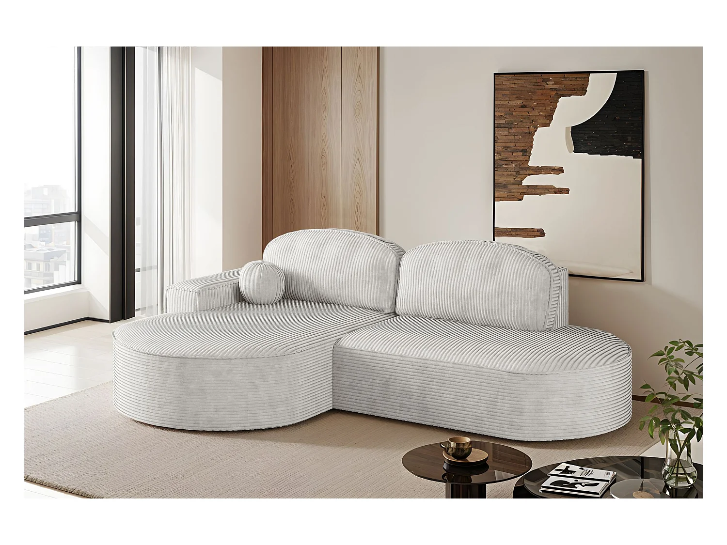 Canapé d'angle avec fonction couchage et coffre de lit Modena Round tissu Poso Beige Gauche
