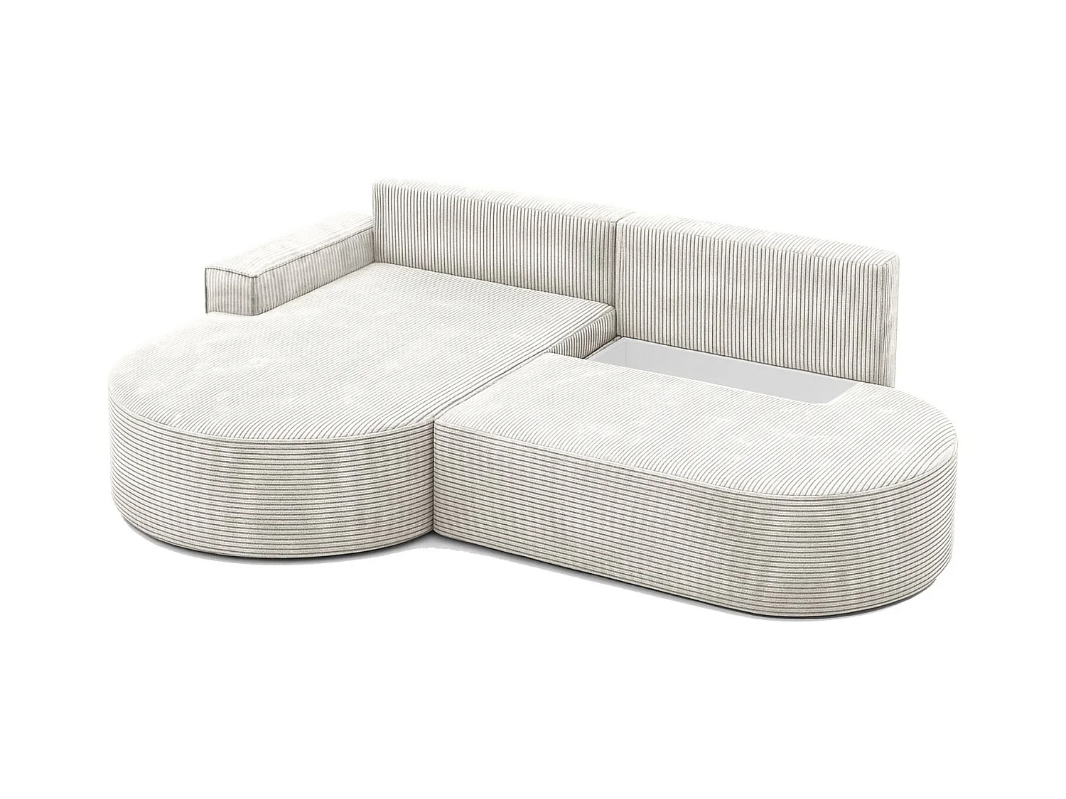 Canapé d'angle avec fonction couchage et coffre de lit Modena Round tissu Poso Beige Gauche