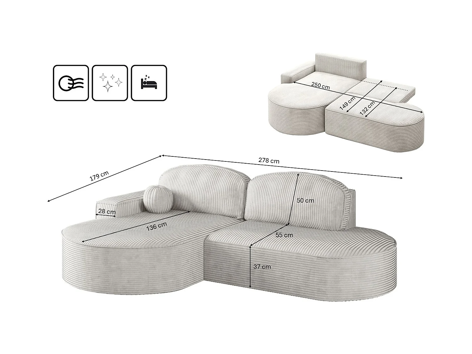 Canapé d'angle avec fonction couchage et coffre de lit Modena Round tissu Poso Beige Gauche