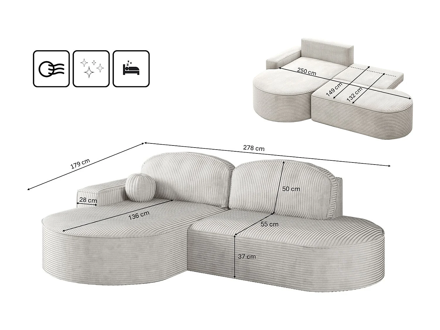Canapé d'angle avec fonction couchage et coffre de lit Modena Round tissu Poso Beige Gauche