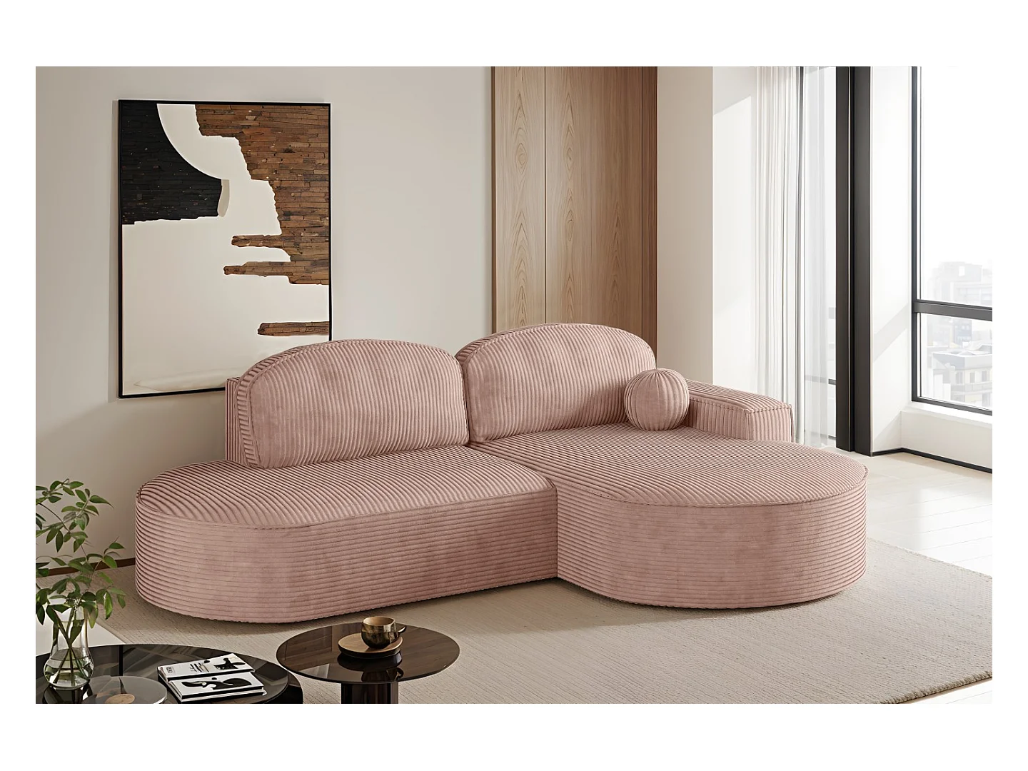 Canapé d'angle avec fonction couchage et coffre de lit Modena Round tissu Poso Rosa Right