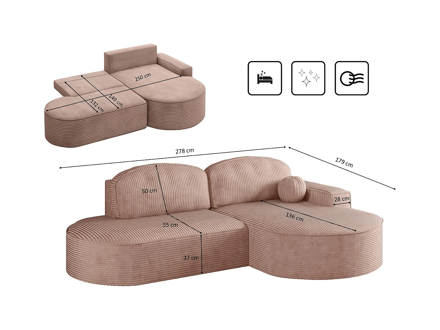 Canapé d'angle avec fonction couchage et coffre de lit Modena Round tissu Poso Rosa Right