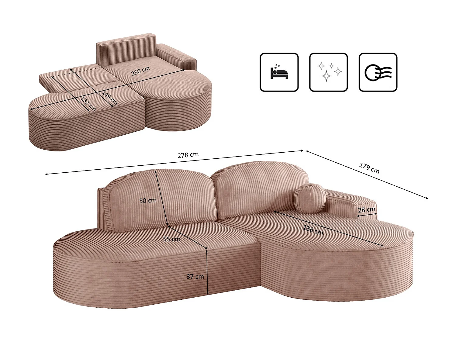 Canapé d'angle avec fonction couchage et coffre de lit Modena Round tissu Poso Rosa Right