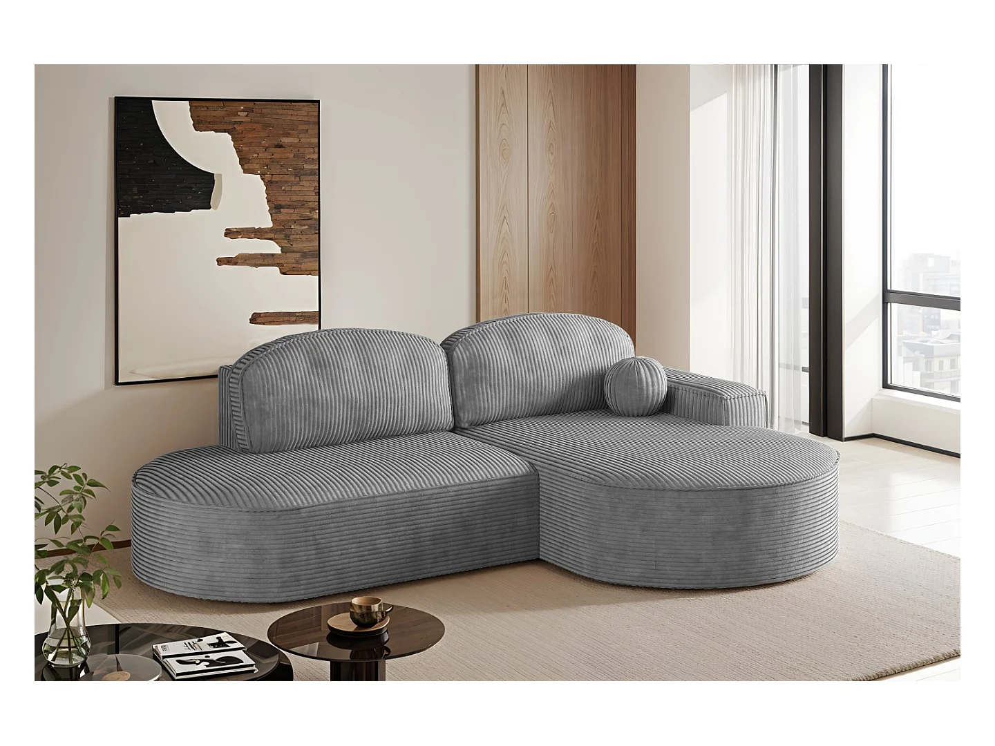 Ecksofa mit Schlaffunktion und Bettkasten Modena Runden stoff Poso Silber Rechts