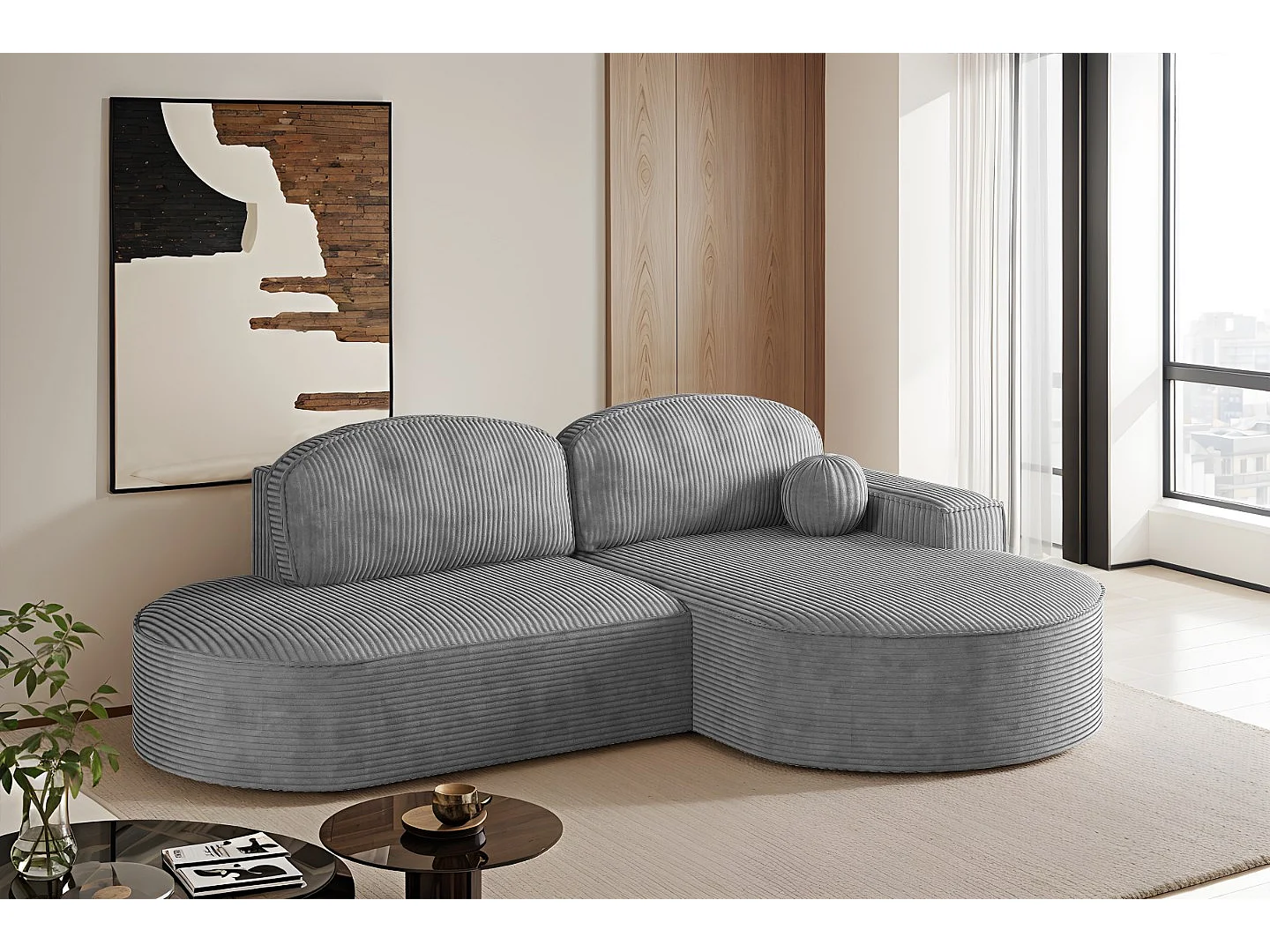 Canapé d'angle avec fonction couchage et coffre de lit Modena Round tissu Poso Silver Right