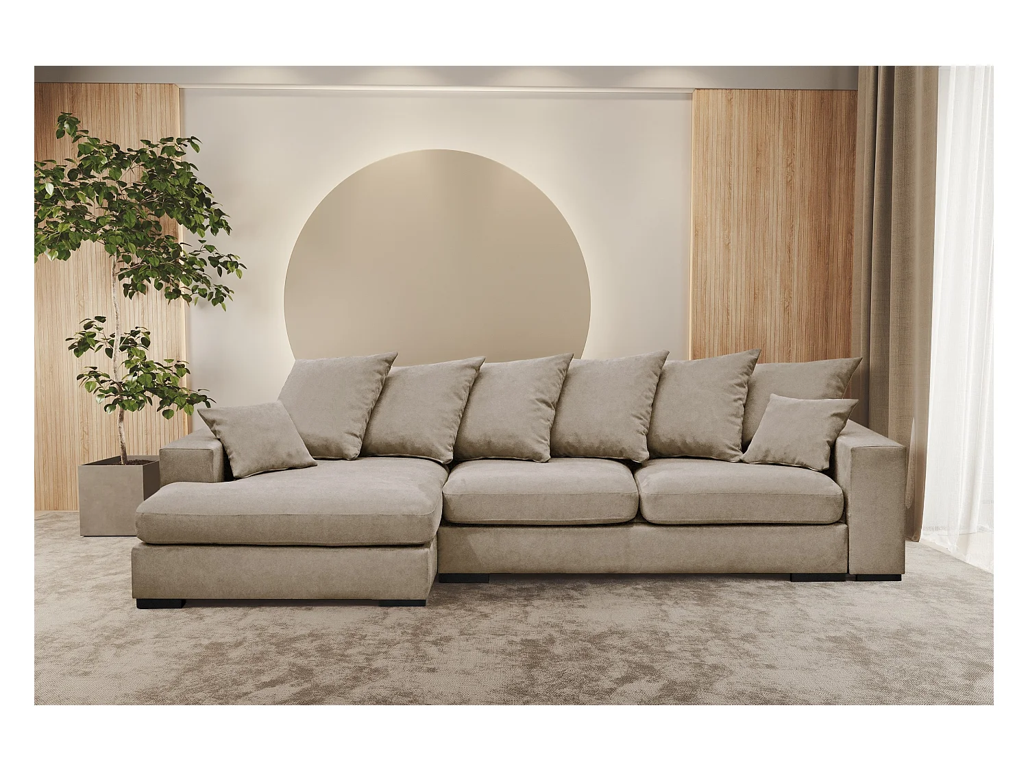 Canapé d'angle avec fonction couchage et coffre de lit, canapé en L, canapé en L tissu Gabon Riviera Gauche Beige