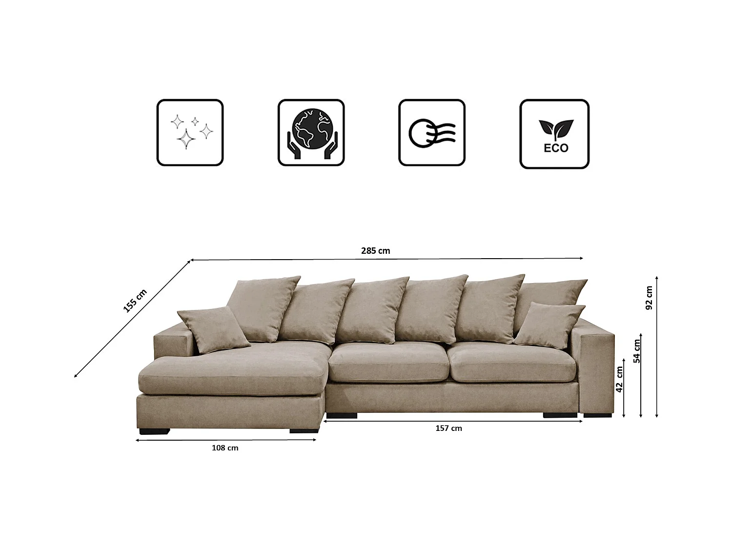 Canapé d'angle avec fonction couchage et coffre de lit, canapé en L, canapé en L tissu Gabon Riviera Gauche Beige