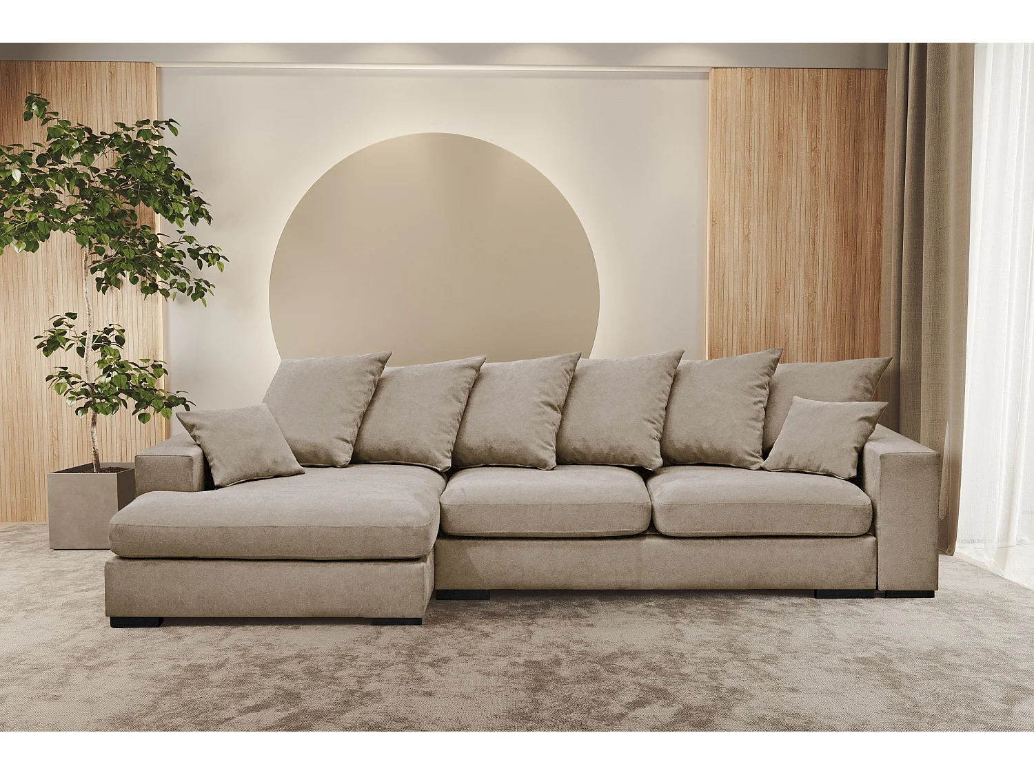 Canapé d'angle avec fonction couchage et coffre de lit, canapé en L, canapé en L tissu Gabon Riviera Gauche Beige