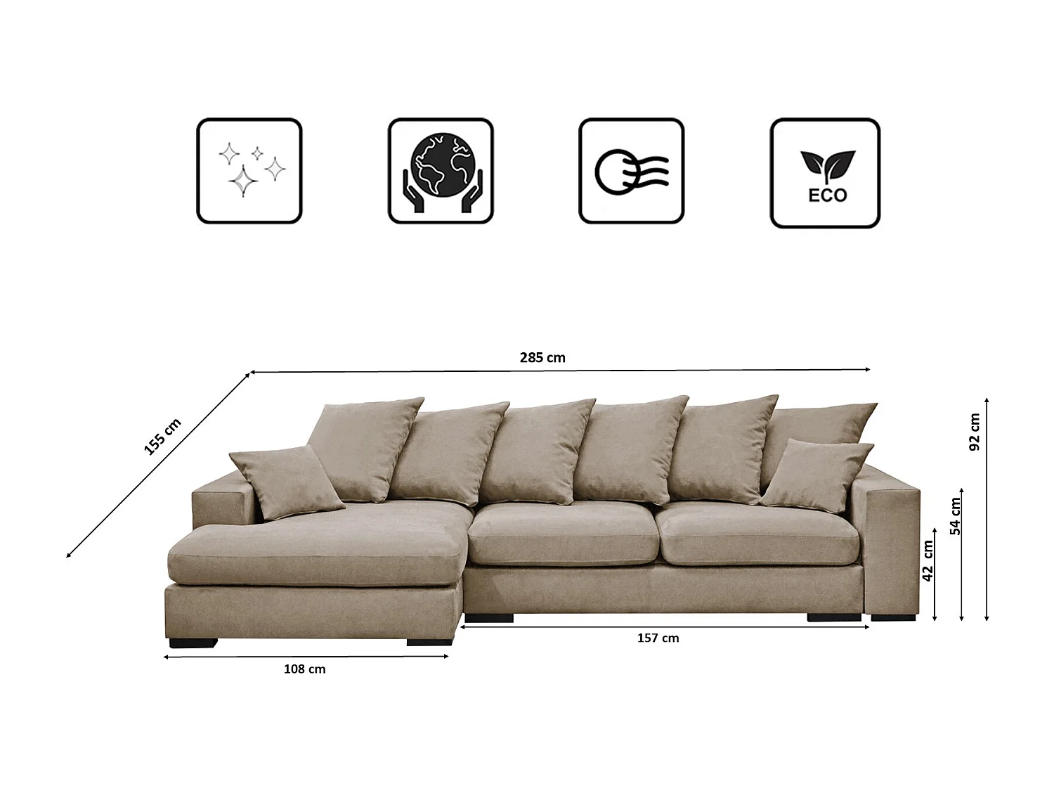 Canapé d'angle avec fonction couchage et coffre de lit, canapé en L, canapé en L tissu Gabon Riviera Gauche Beige