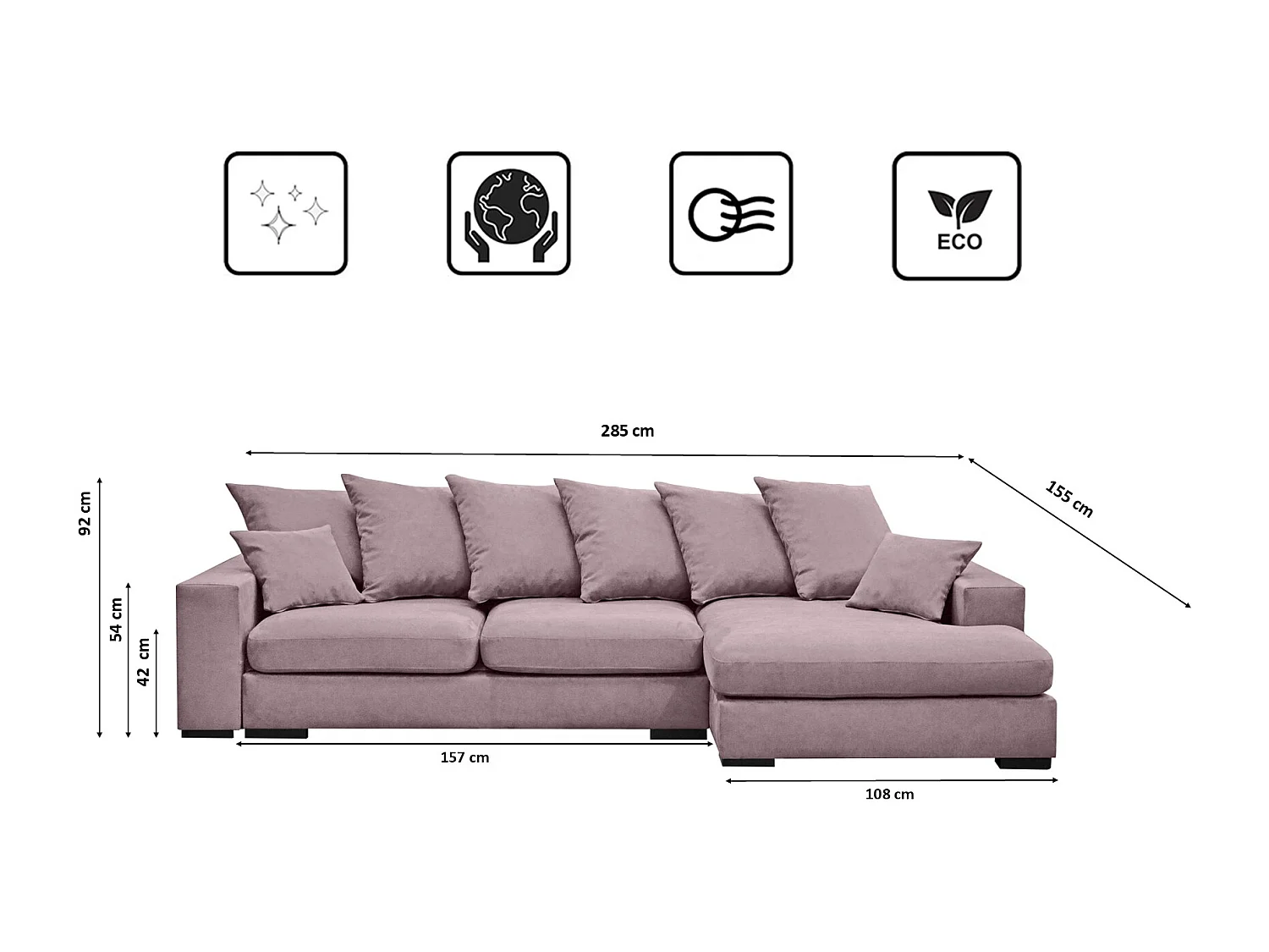 Canapé d'angle avec fonction couchage et coffre de lit, Canapé forme L, Canapé forme L tissu Gabon Riviera Droite Violet