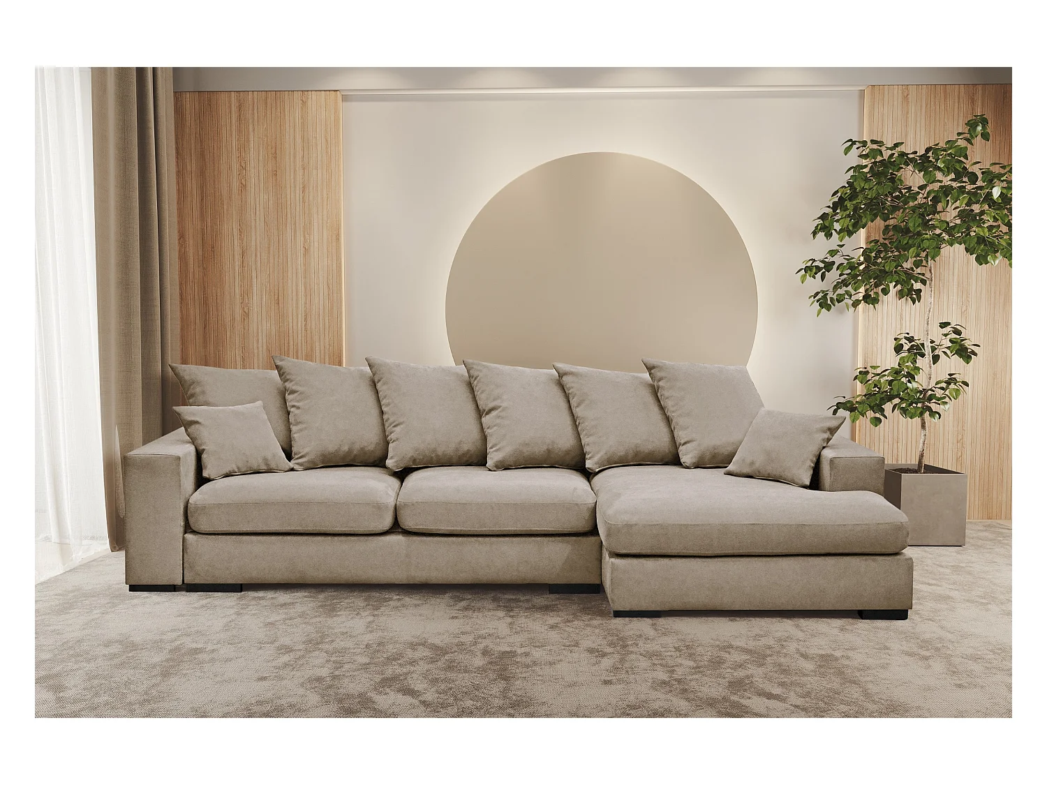 Canapé d'angle avec fonction couchage et coffre de lit, canapé en L, canapé en L tissu Gabon Riviera Droite Beige